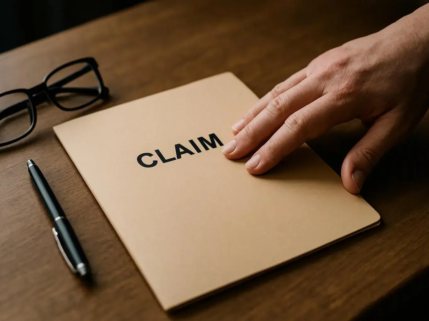 A hand rests on a folder labeled “CLAIM” beside glasses and a pen on a wooden desk