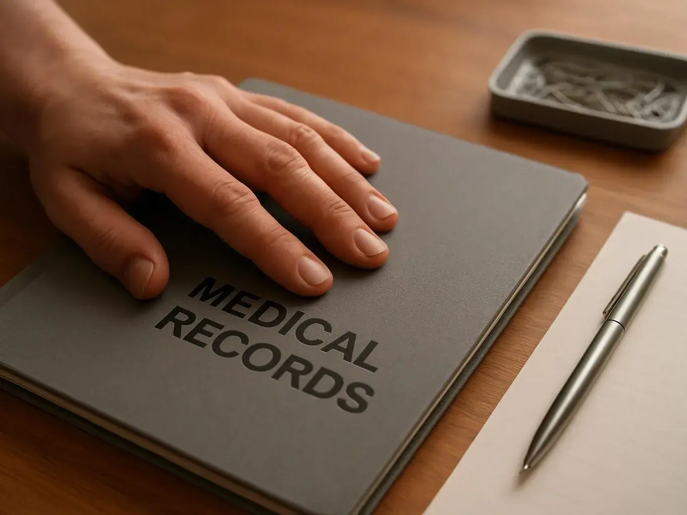 A hand rests on a gray medical records folder beside a pen and paper on a wooden desk