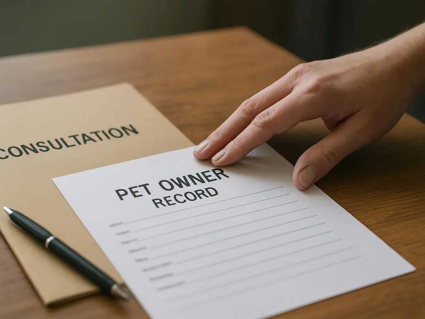A hand rests on a pet owner record form beside a consultation folder and pen on a wooden table