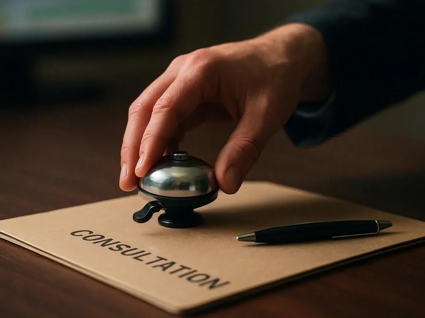 A hand rings a small desk bell beside a pen on a folder labeled CONSULTATION