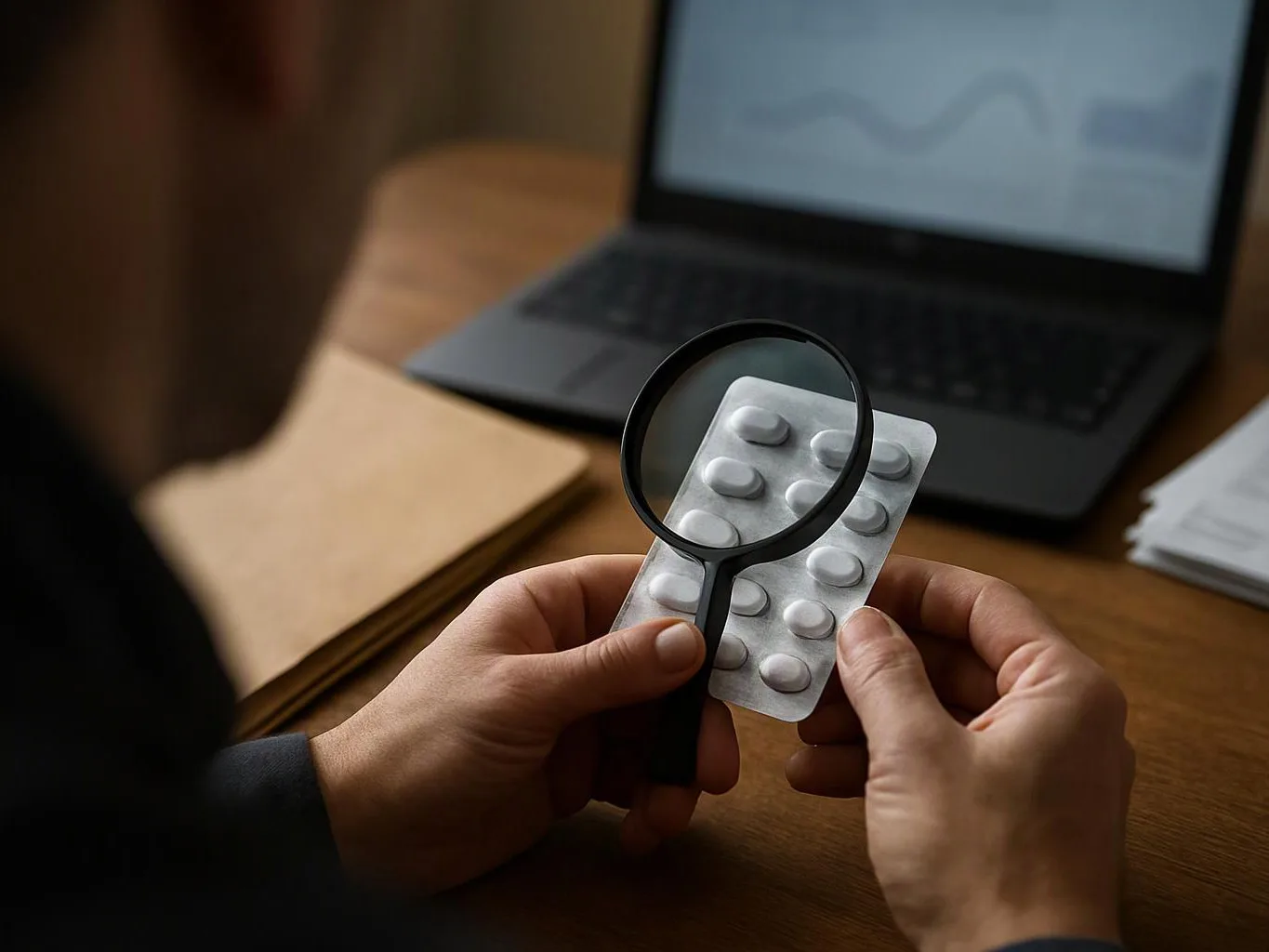 Hands hold a blister pack of white pills under a magnifying glass beside a laptop on a wooden desk
