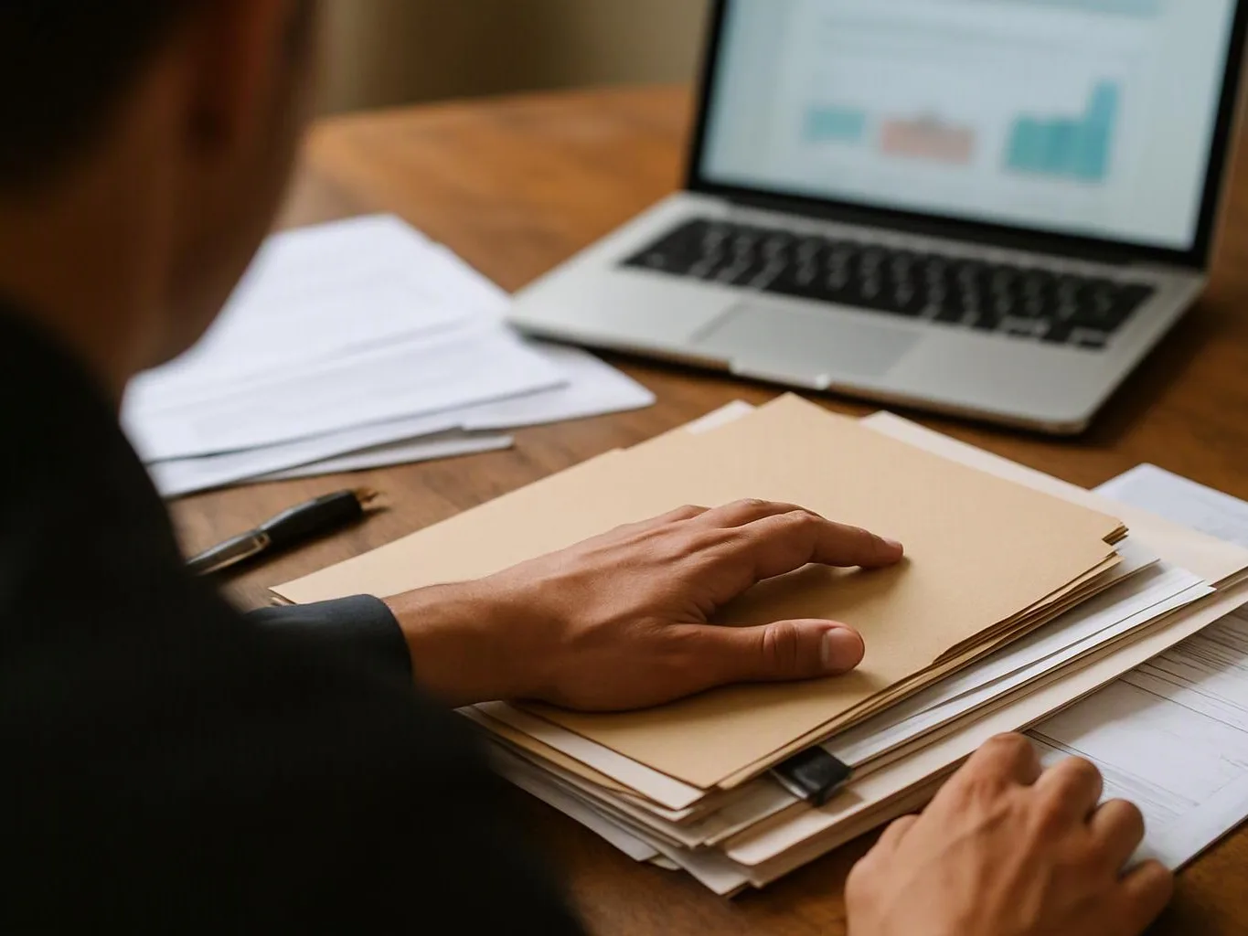 Hands sort a stack of papers beside a laptop showing blurred charts on a wooden desk