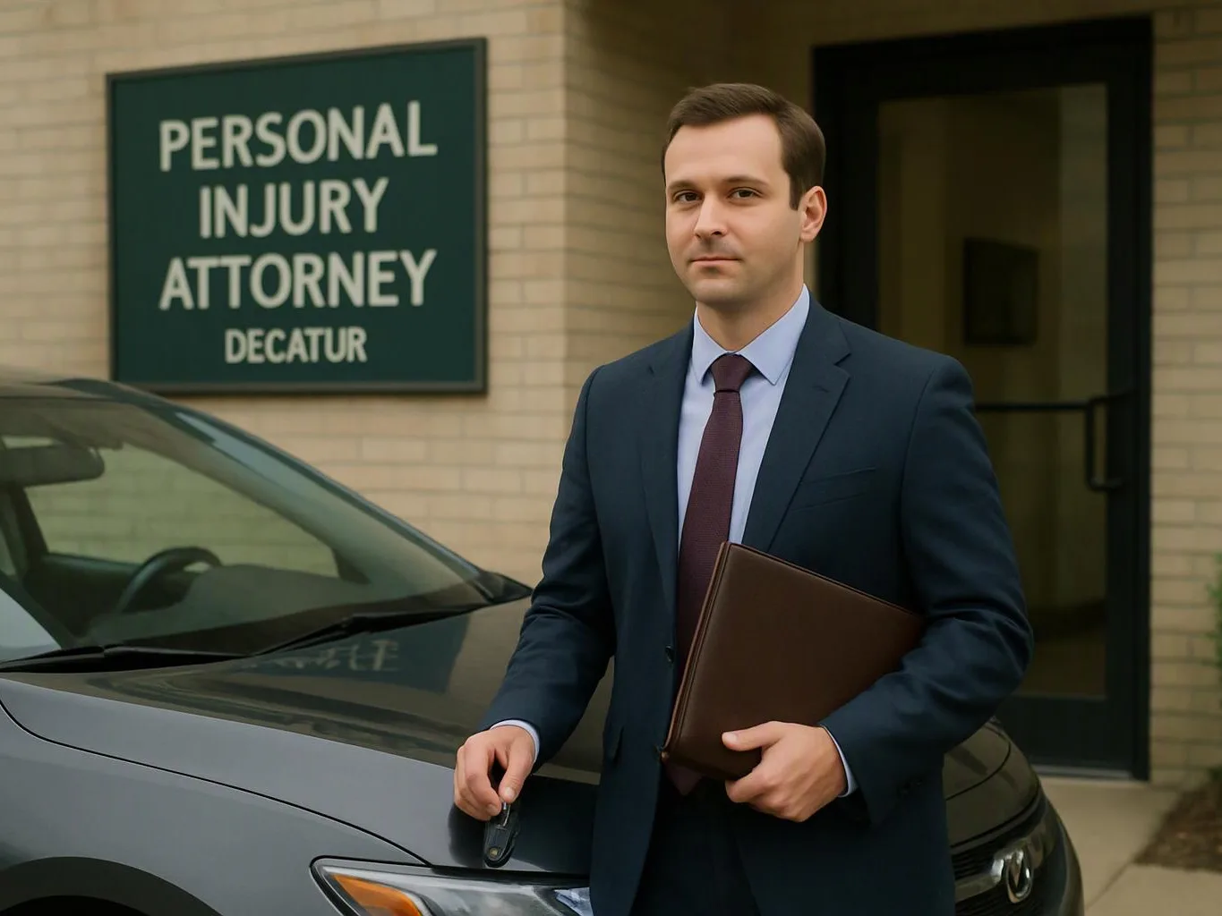 A suited man stands by a gray car outside a building with a “PERSONAL INJURY ATTORNEY” sign