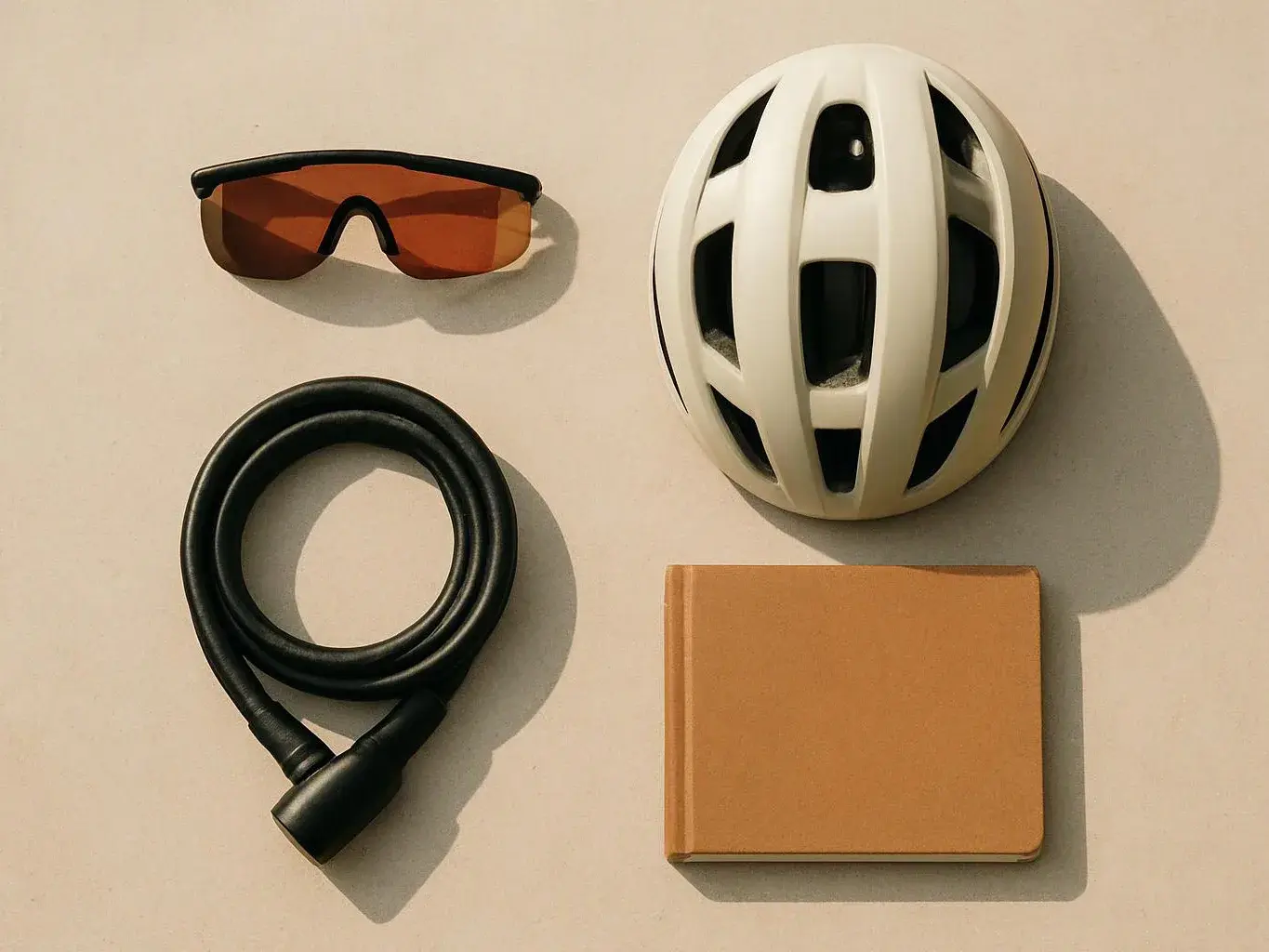 A white bike helmet, amber sunglasses, a coiled black lock, and a tan notebook sit on a plain surface