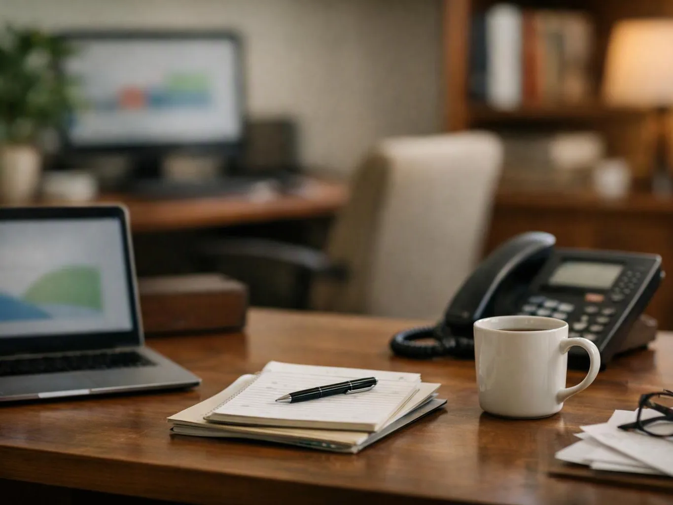 A laptop, notebook with pen, coffee mug, and office phone sit on a wooden desk in a blurred office
