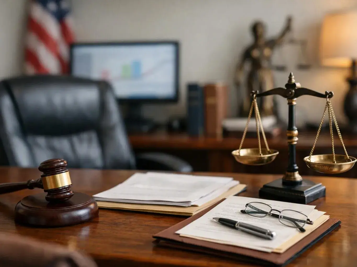 A lawyer’s office desk shows a gavel, scales, papers, glasses, and a pen in front of a chair