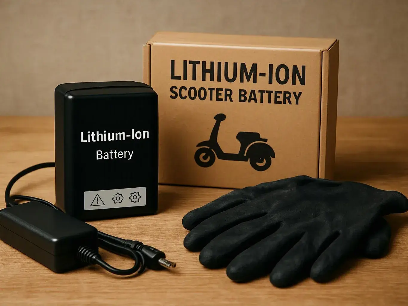 A lithium-ion scooter battery sits beside a charger, black gloves, and a labeled box on a wooden table