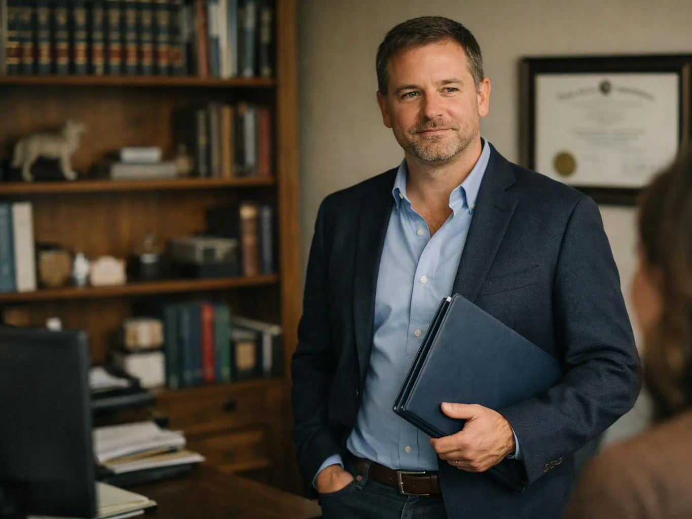 A man in a blazer holds a folder in a book-lined office, with a framed diploma on the wall
