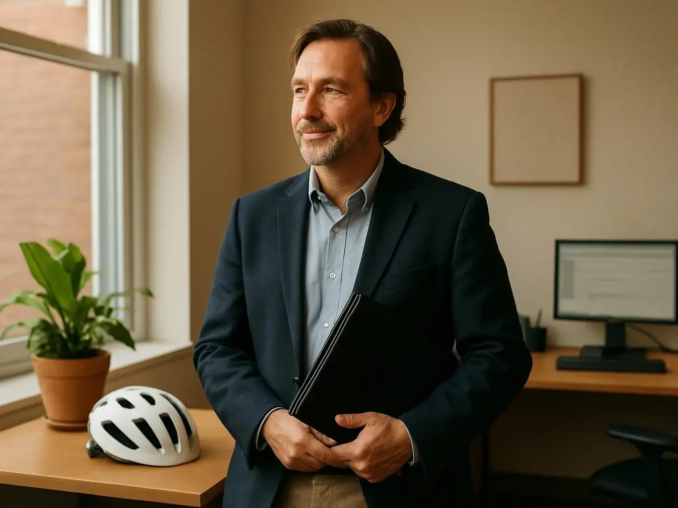 A man in a blazer stands holding a folder in a tidy office beside a bicycle helmet and potted plant