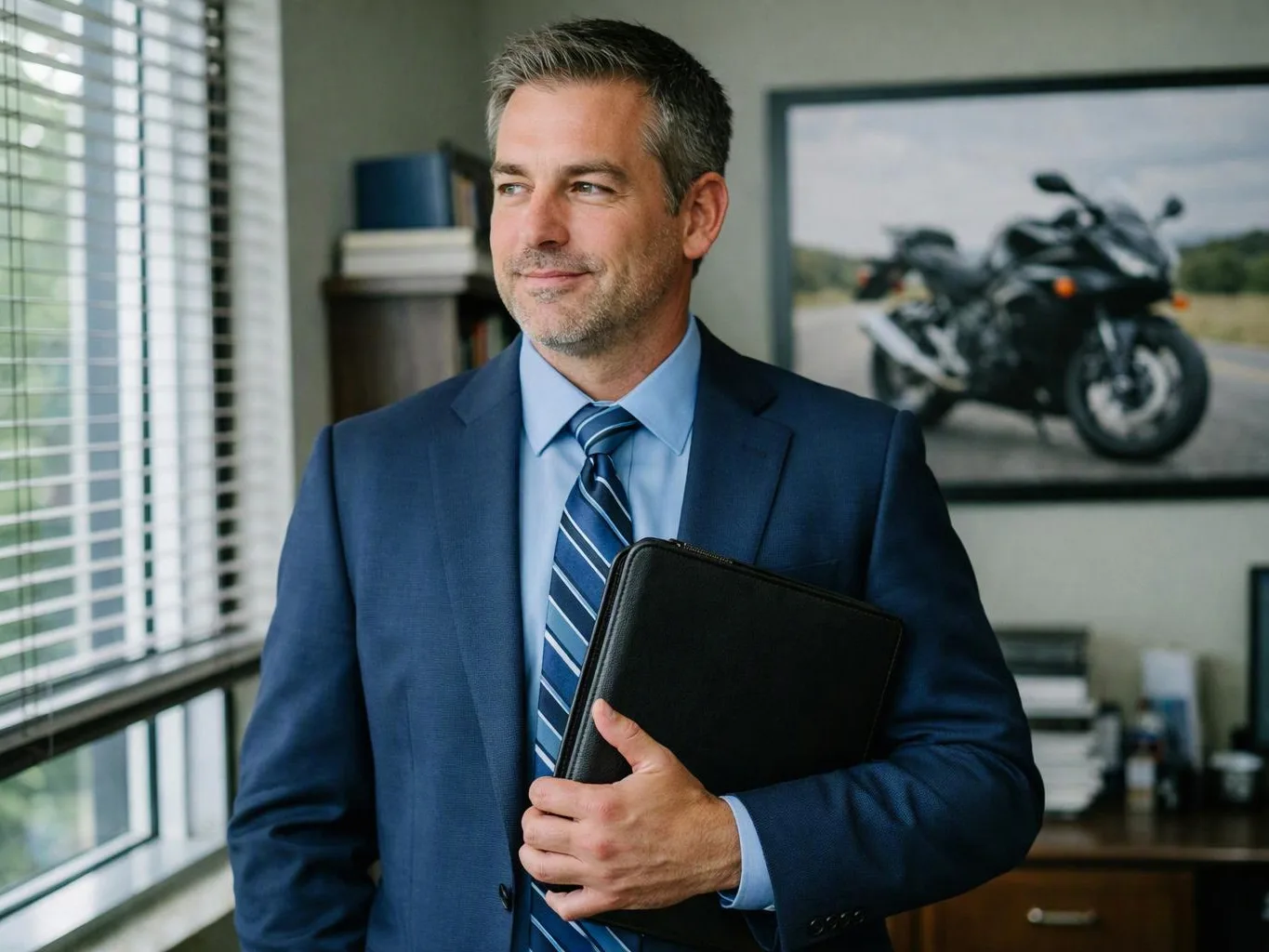 A man in a blue suit holds a black folder in an office, with a motorcycle photo behind him
