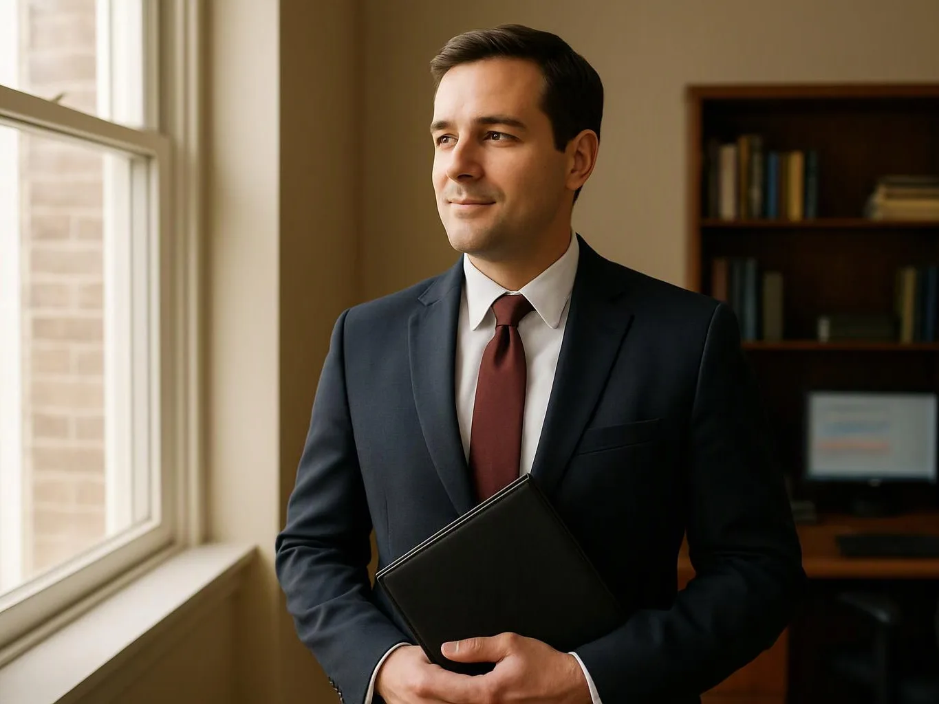 A man in a dark suit holds a black folder and looks out a window in a quiet office