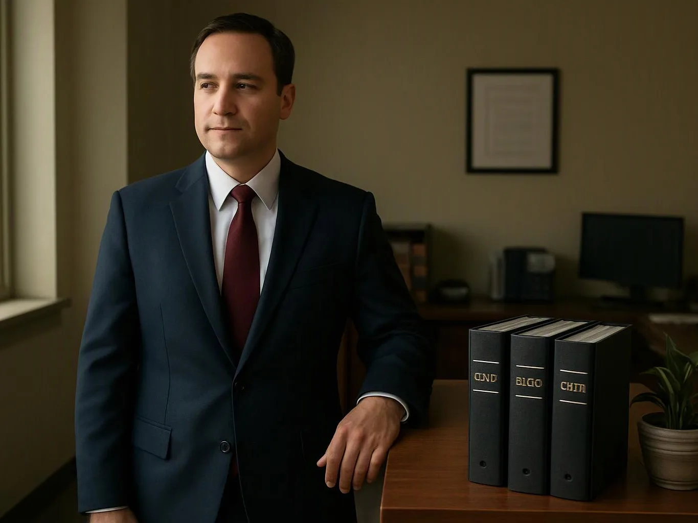 A man in a dark suit stands beside three black binders on a desk in an office