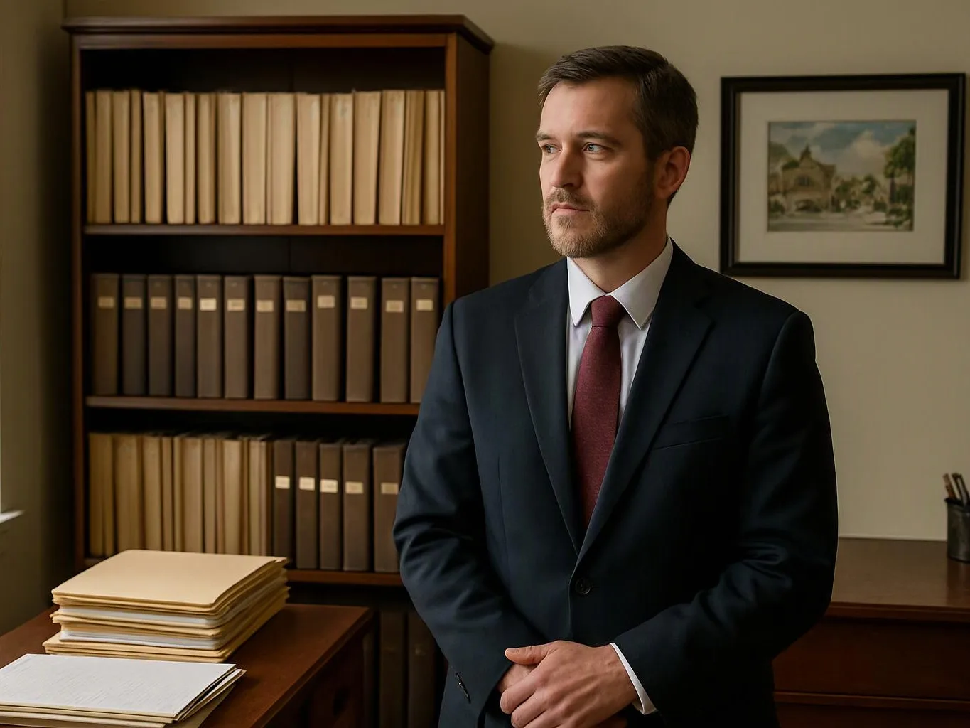 A man in a dark suit stands in an office beside folders, bookshelves, and a framed picture