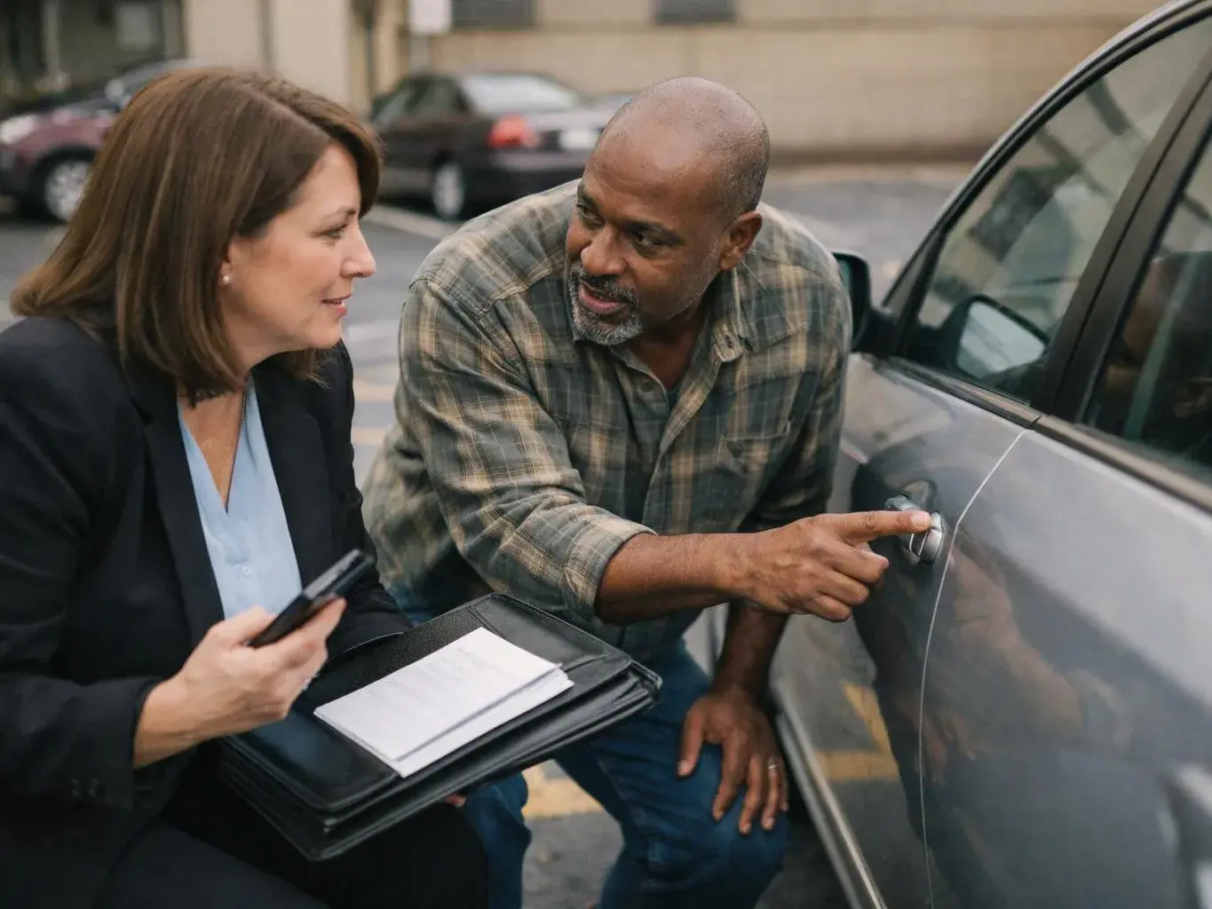 A man points at a car door handle while a woman holds a phone and notebook beside him
