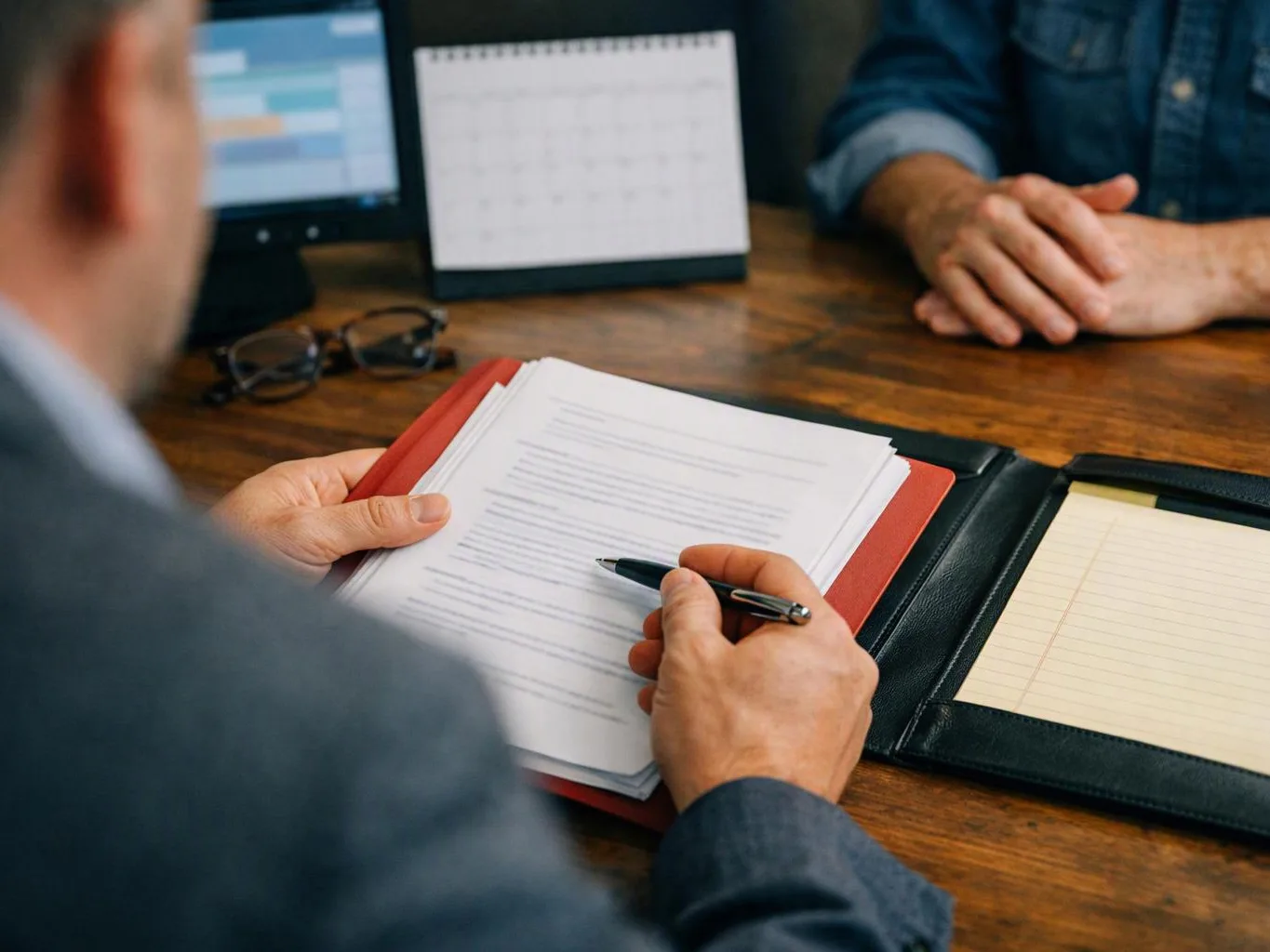 A man reviews papers with a pen across a wooden desk during a meeting, with another person nearby