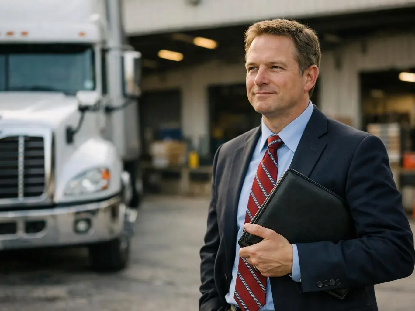 A man in a suit holds a black folder beside a parked semi truck outside a warehouse