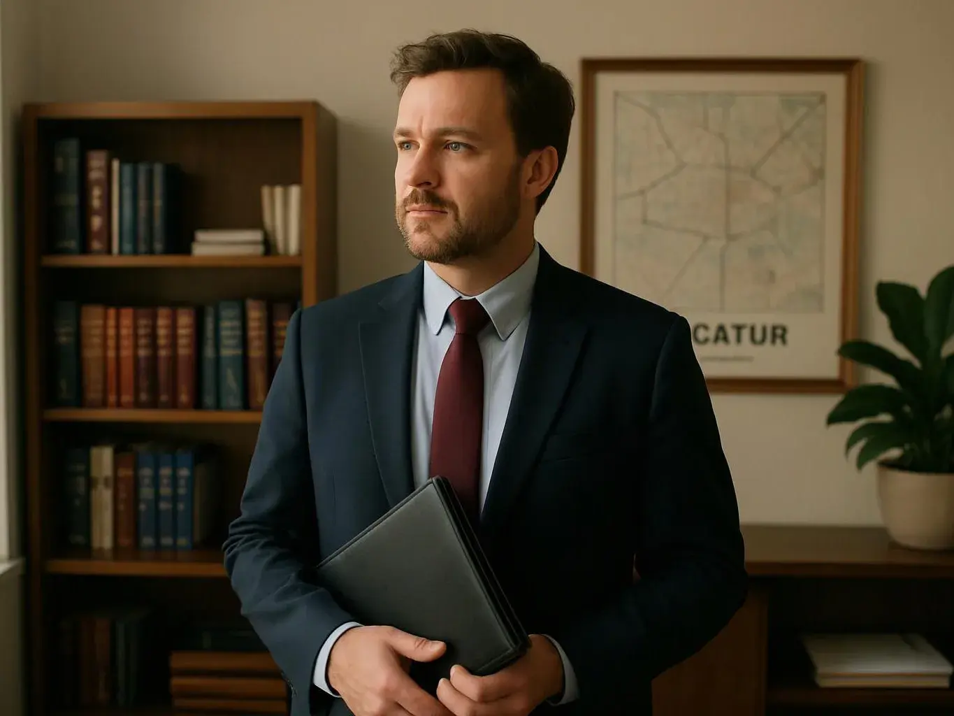 A man in a suit holds a black portfolio in a tidy office with bookshelves and framed wall art
