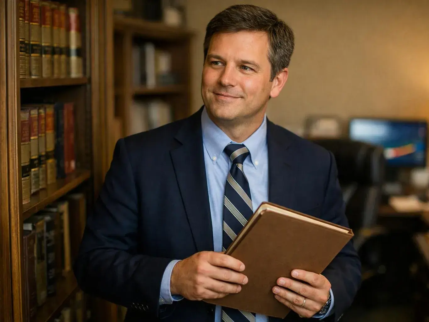 A man in a suit holds a brown book beside bookshelves in a softly lit office
