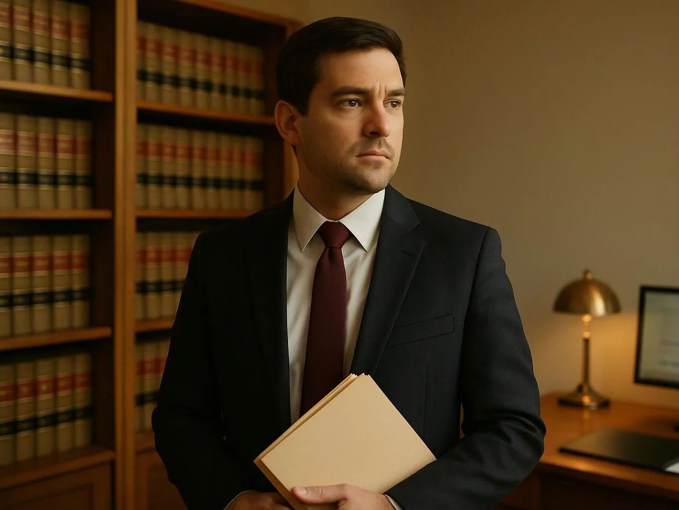 A man in a suit holds files in a book-lined office, standing beside a desk lamp