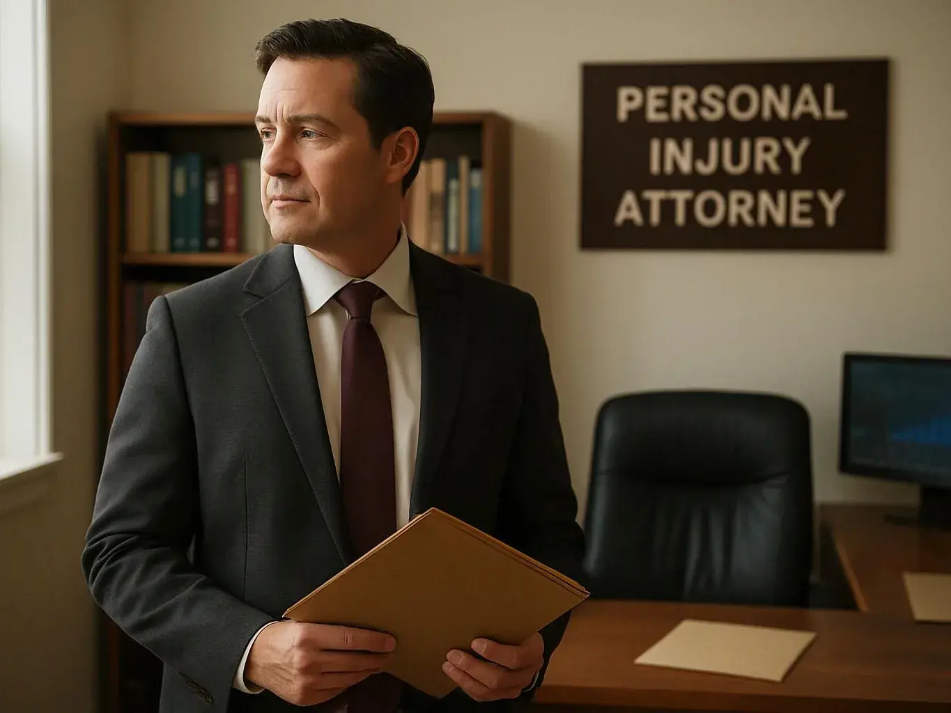 A man in a suit holds a folder in a with a visible “PERSONAL INJURY ATTORNEY” sign