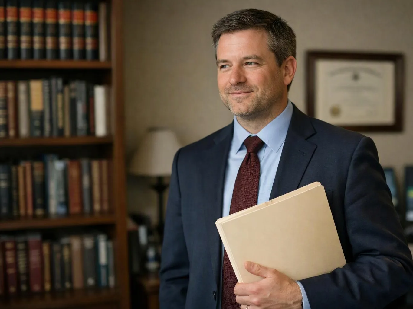 A man in a suit holds a folder in an office with bookshelves and a framed certificate behind him