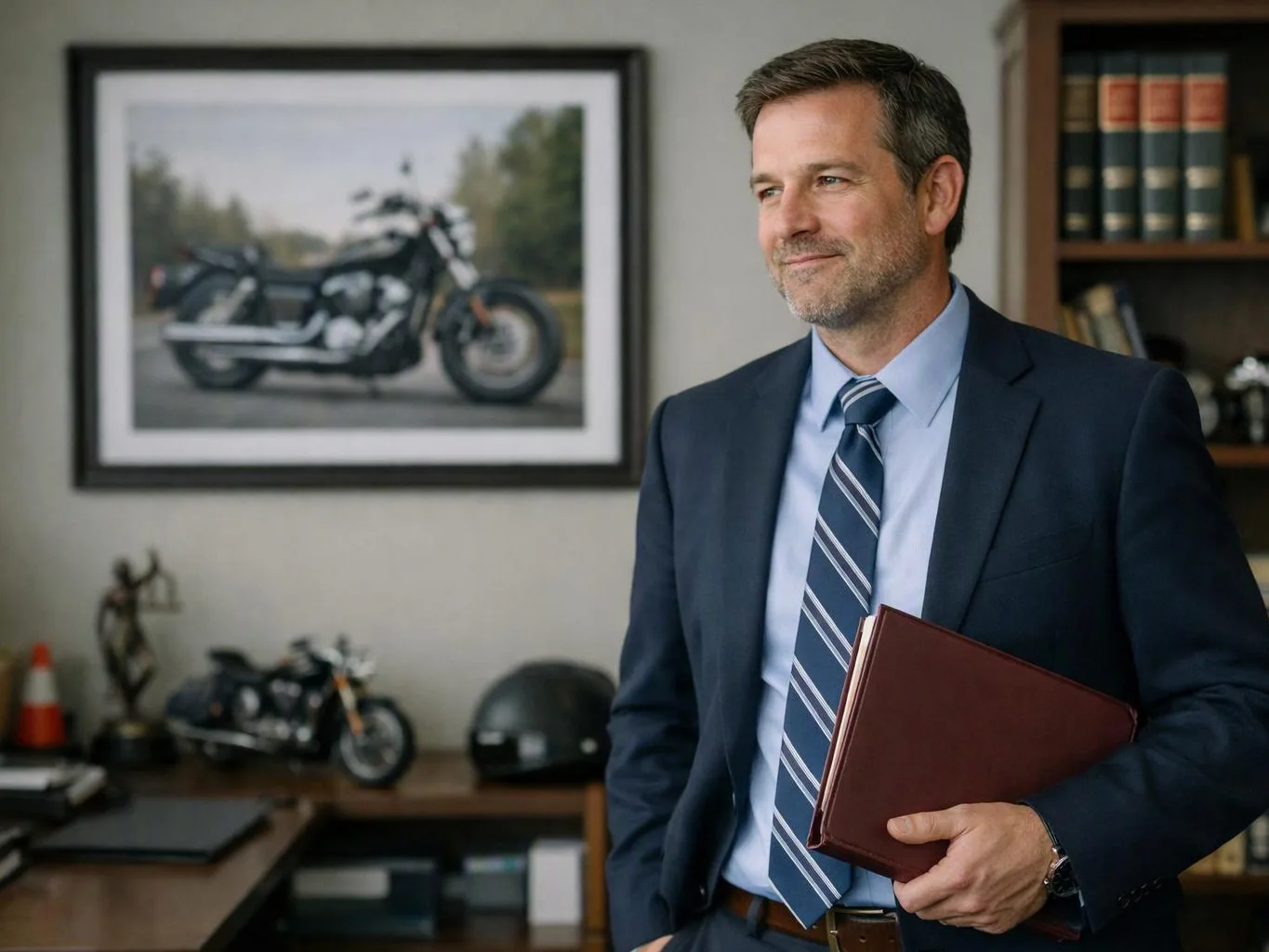 A man in a suit holds a folder in an office with motorcycle decor and bookshelves