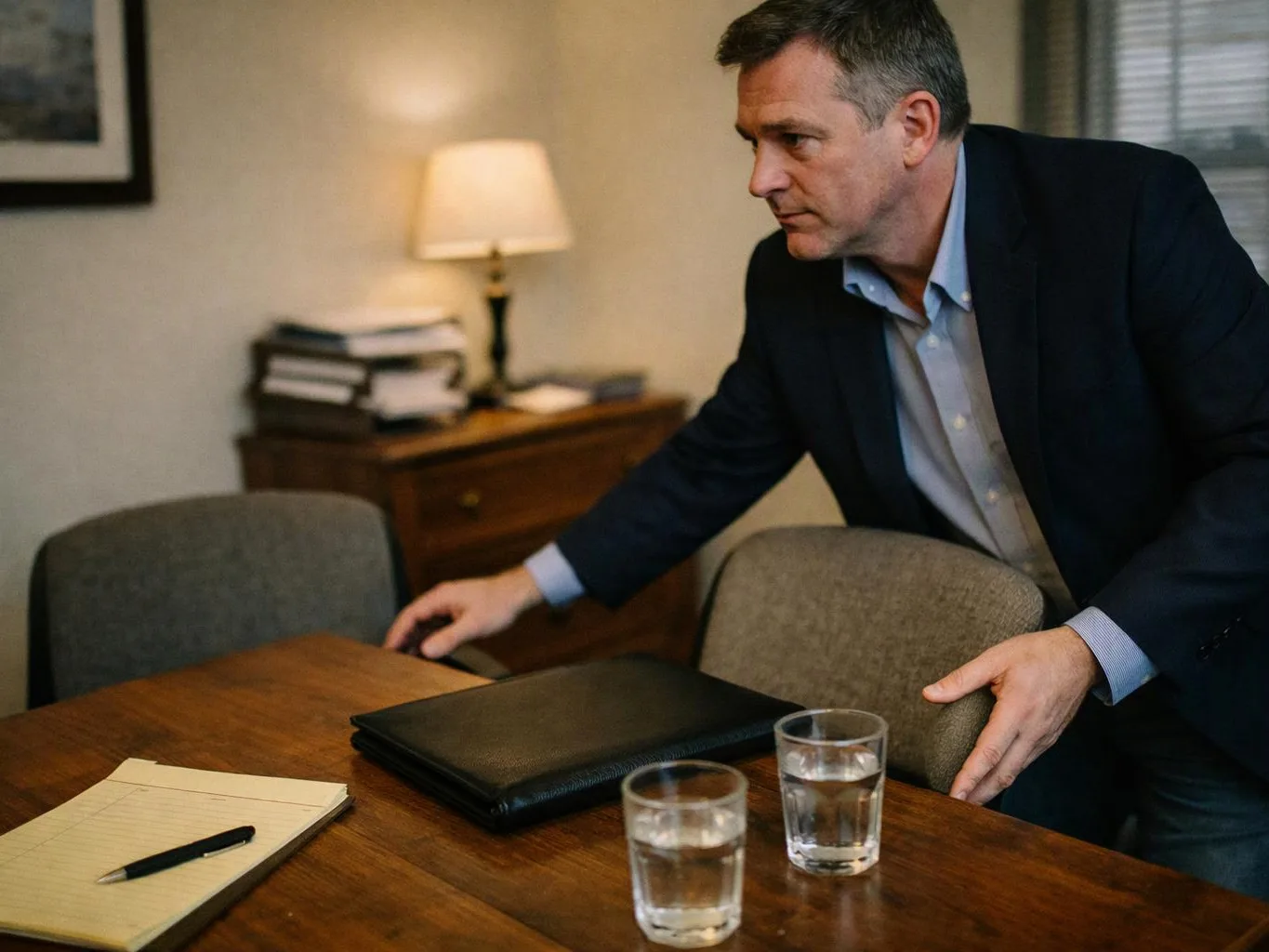 A man in a suit leans over a table with glasses, a notebook, and a black folder in a small office