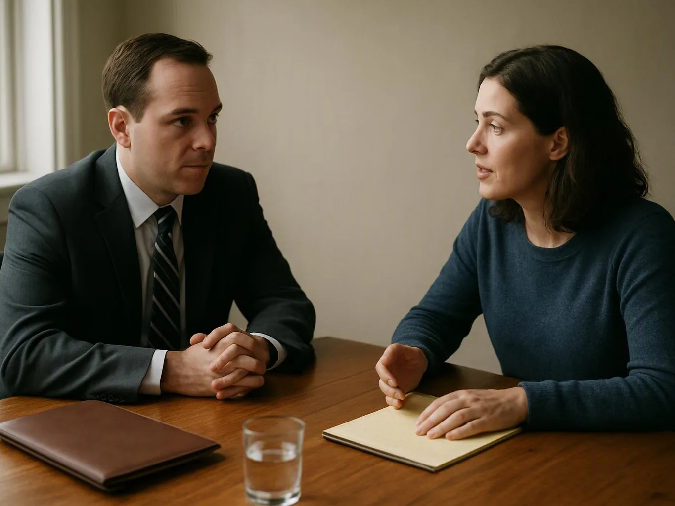 A man in a suit listens to a woman speaking across a wooden table with a notebook and glass of water