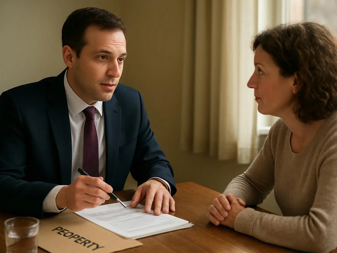 A man in a suit points at papers across a table while talking with a woman in a beige sweater