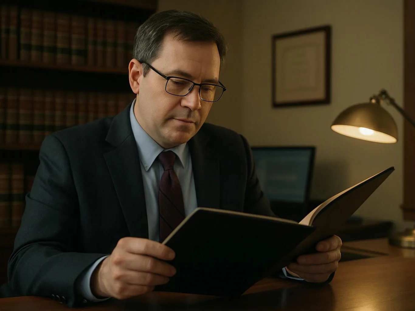 A man in a suit reads a black folder at a desk in a dim office with bookshelves and a lamp