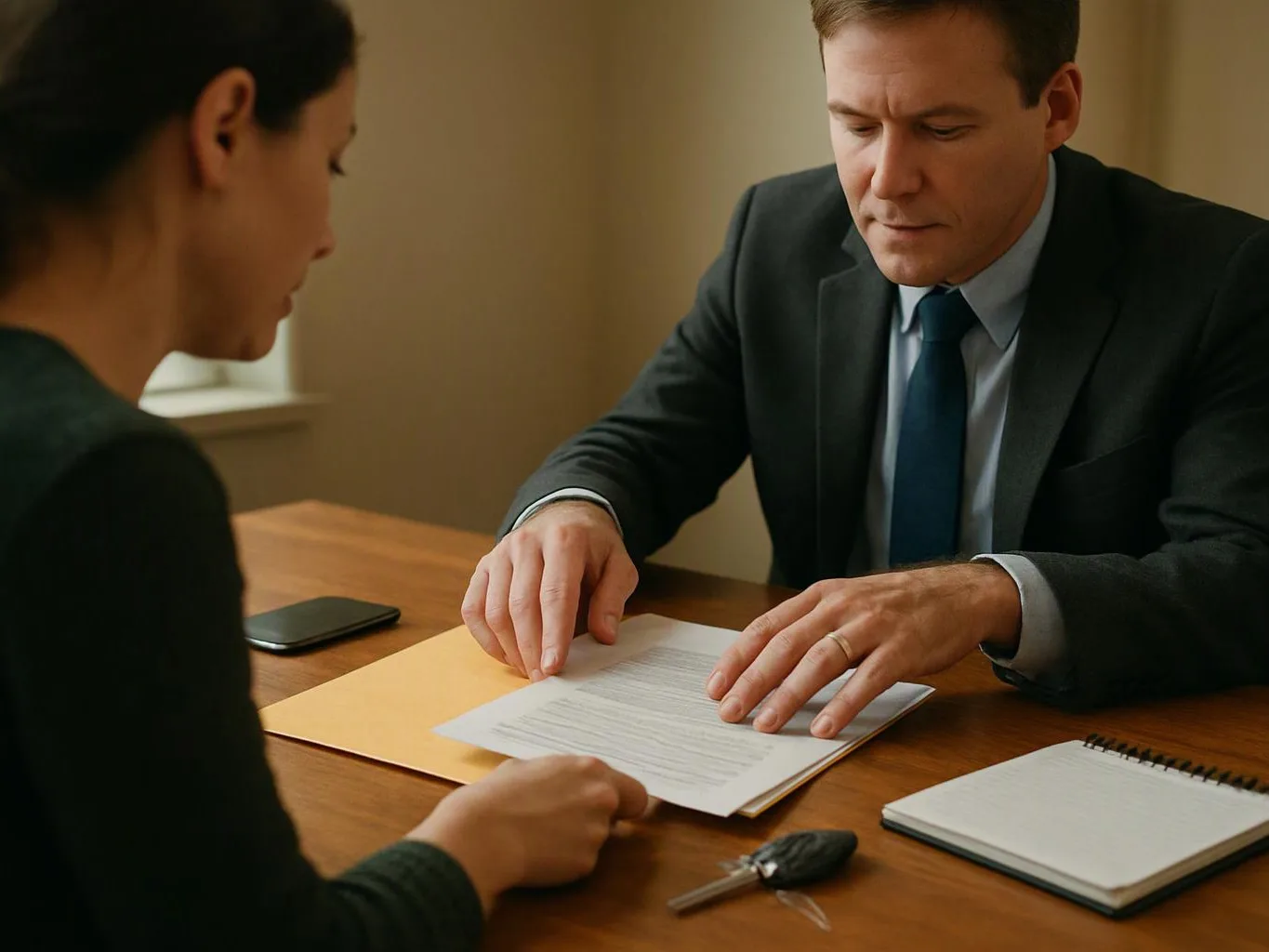 A man in a suit reviews a document across a table with a woman in a quiet office