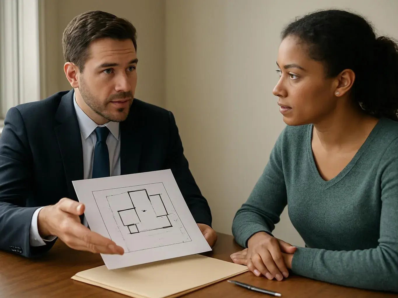 A man in a suit shows a floor plan to a woman across a table in a plain room
