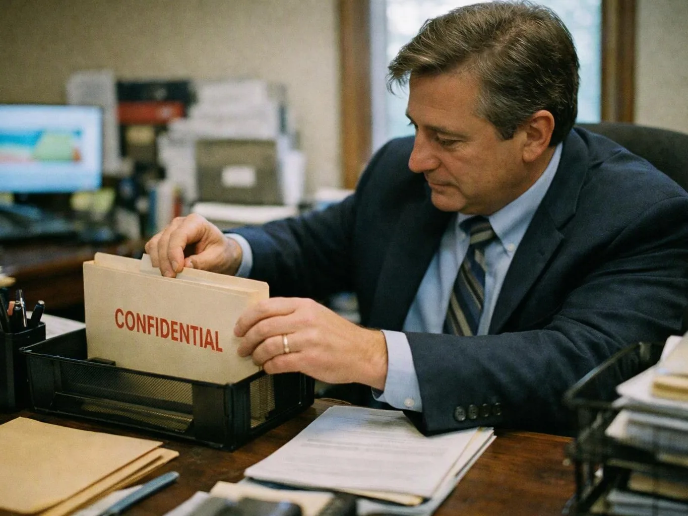 A man in a suit sorts a confidential file at a cluttered office desk