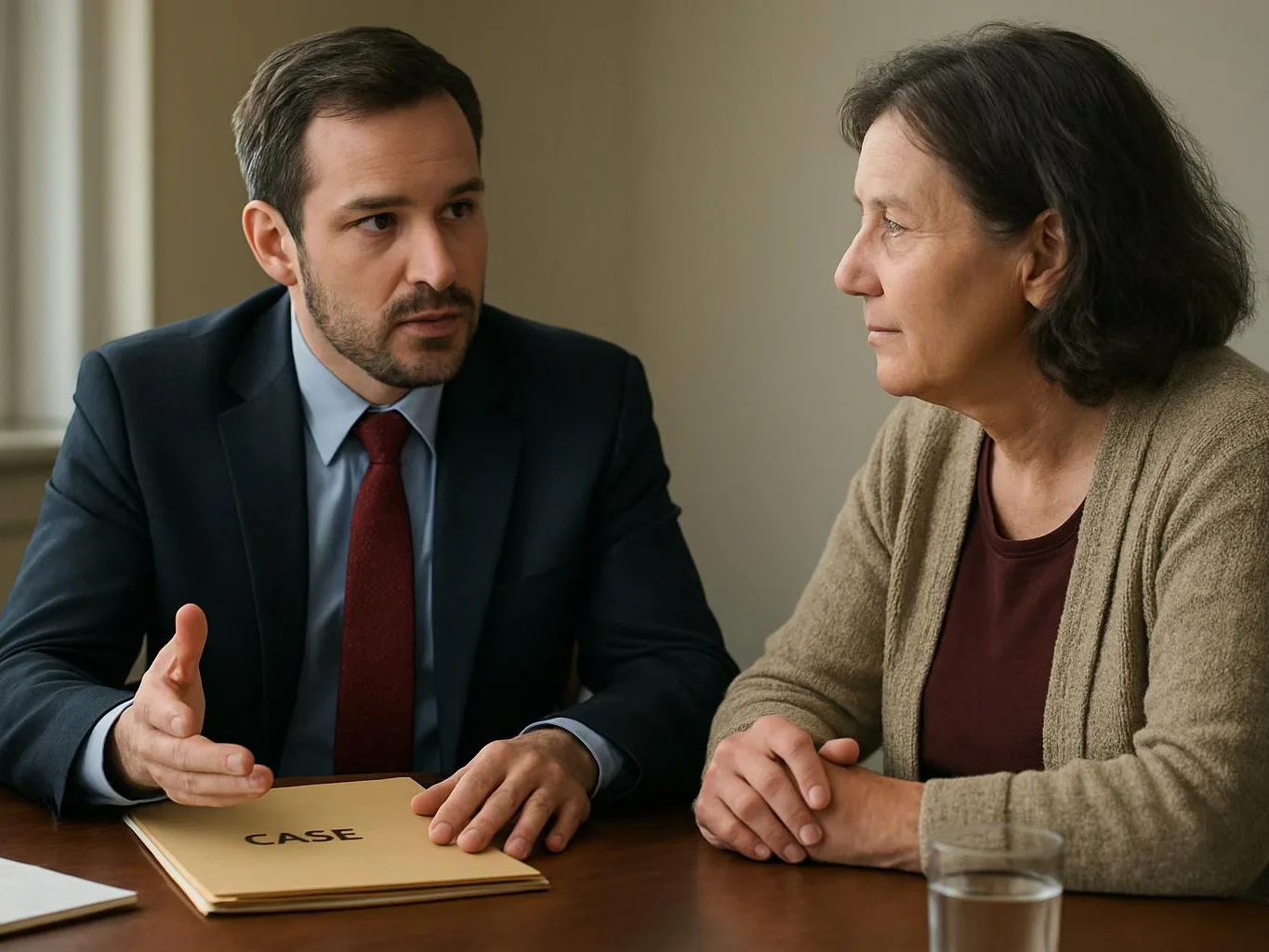 A man in a suit speaks to a woman across a table beside a case folder and water glass