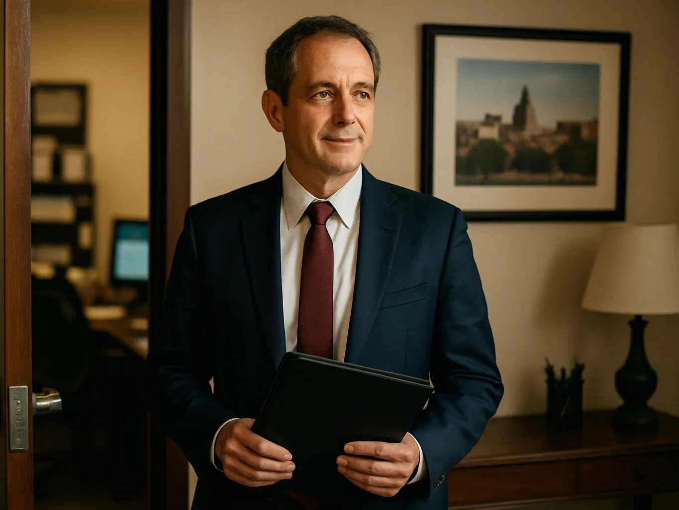 A man in a suit stands indoors holding a black folder, with a lamp and framed picture behind him