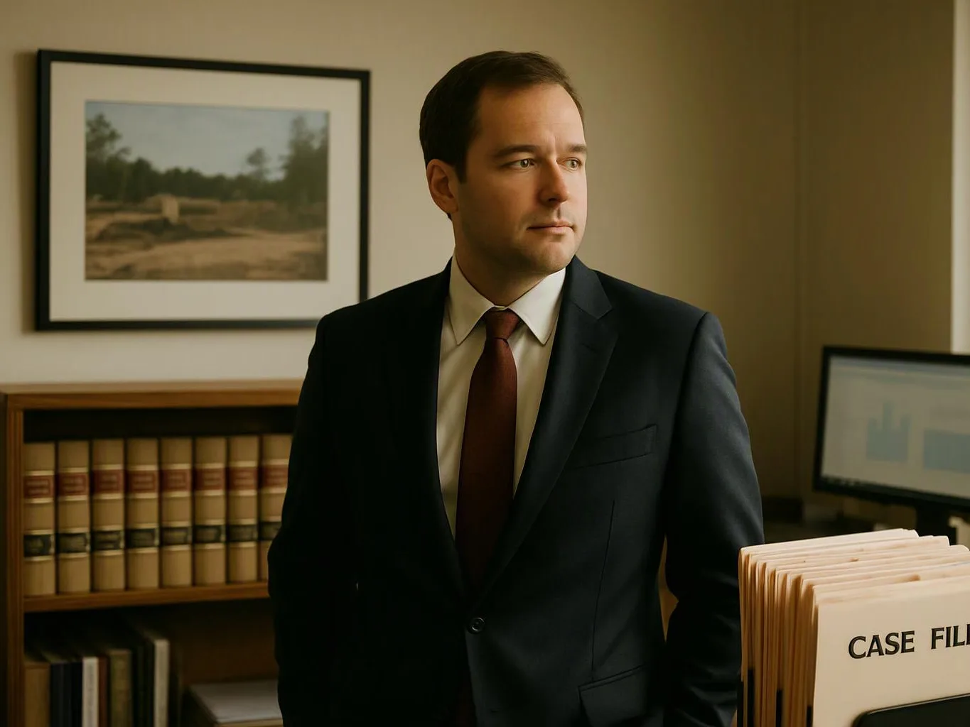 A man in a suit stands in an office beside case files, books, and a computer monitor