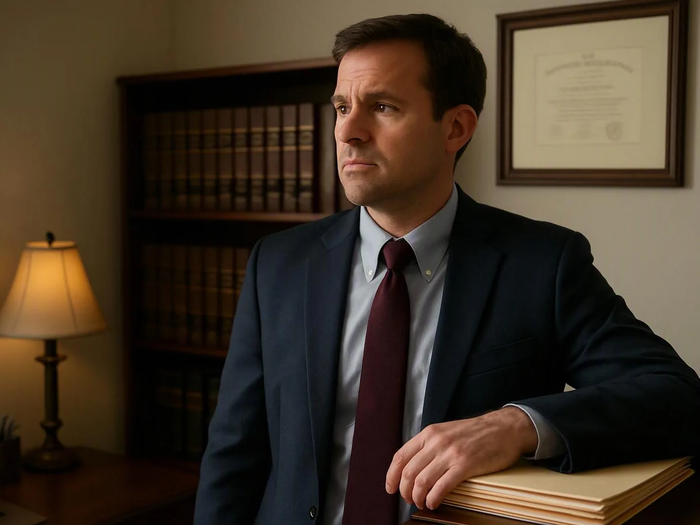 A man in a suit stands in an office, resting his hand on a stack of folders beside a lamp and bookshelves