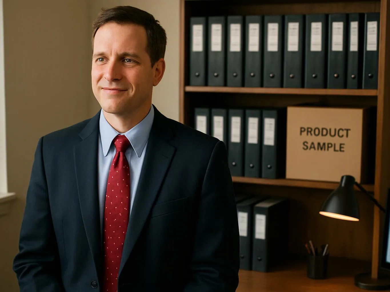 A man in a suit stands by office shelves, with binders, a lamp, and a box labeled product sample behind him