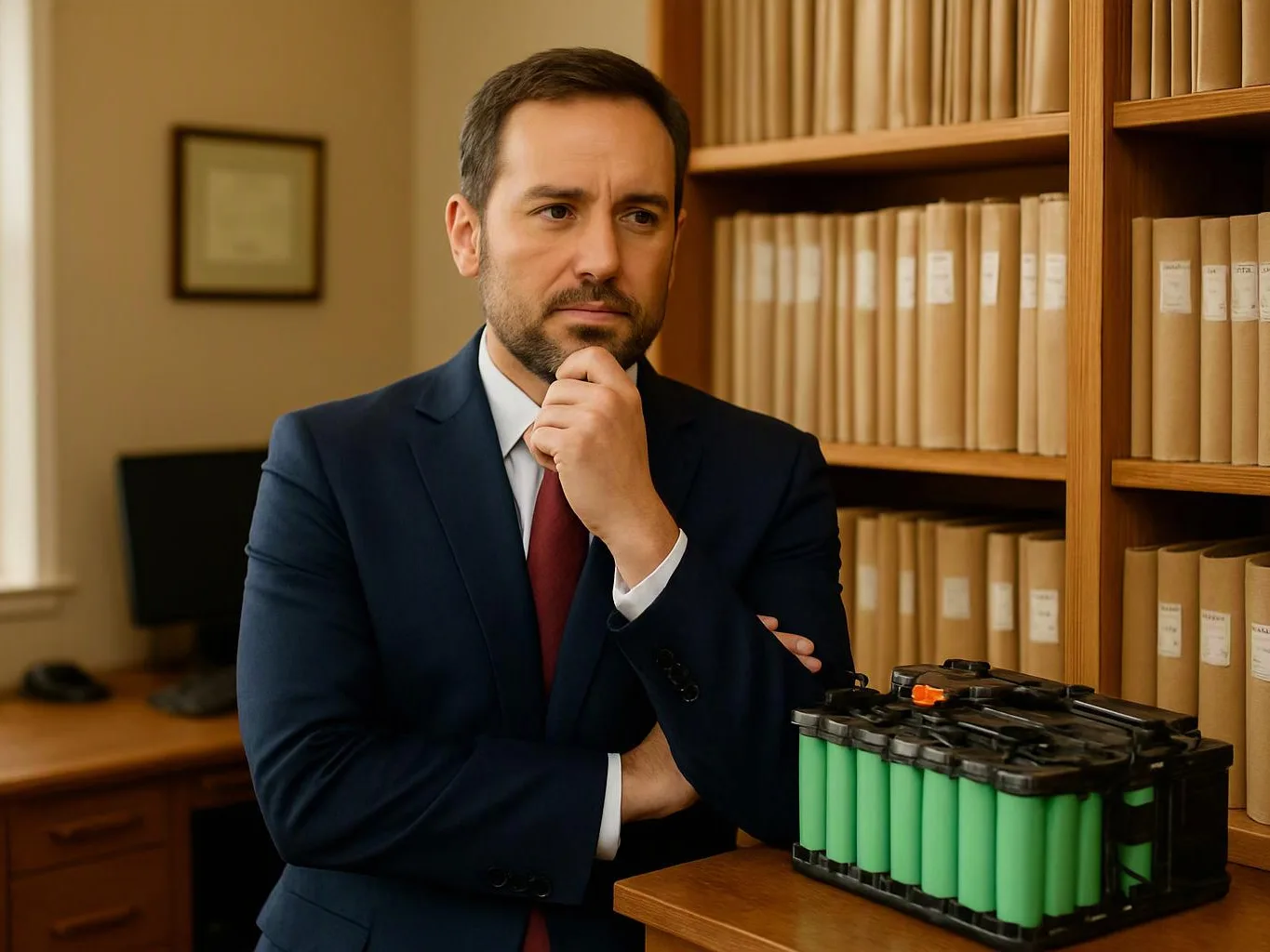 A man in a suit stands thinking beside a battery pack in a file-filled office