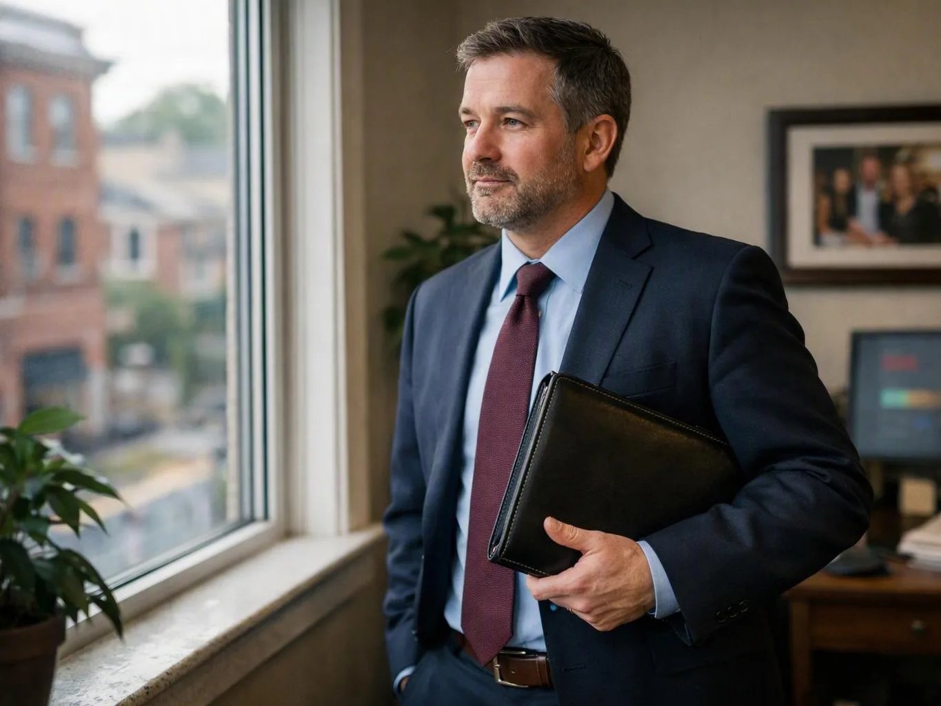 A man in a suit stands by a window holding a black portfolio in an office