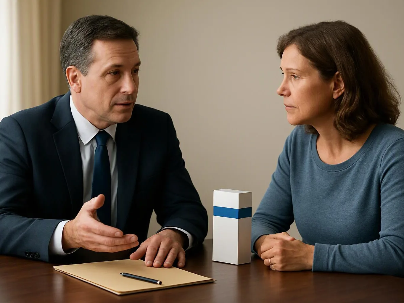 A man in a suit talks to a woman at a table with a folder, pen, and small white box
