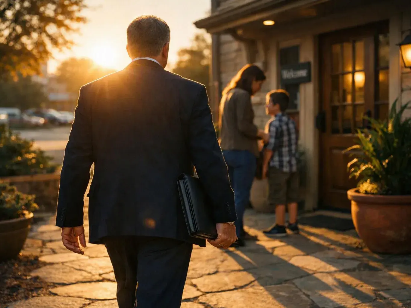 A man in a suit walks toward a house entrance at sunset while a woman and boy stand nearby
