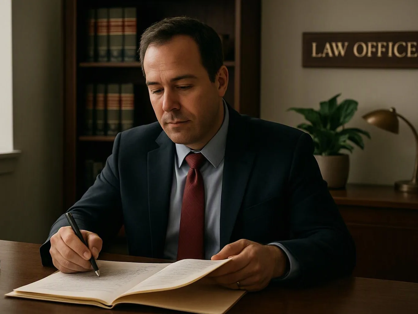 A man in a suit writes in a notebook at a desk inside a law office