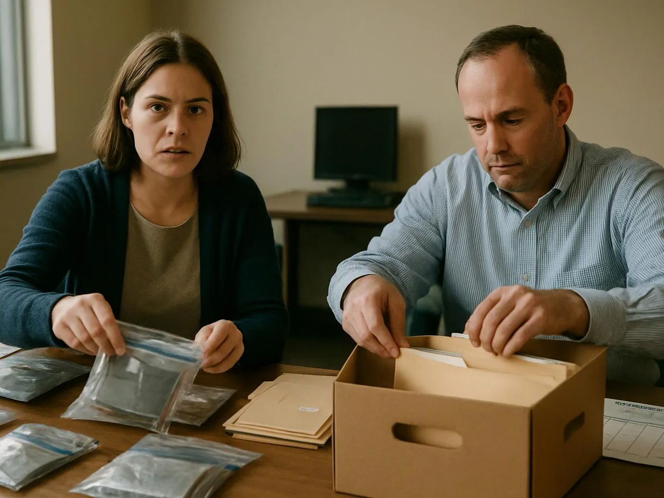 A man and woman sort paper envelopes and small plastic pouches at a table in a plain office