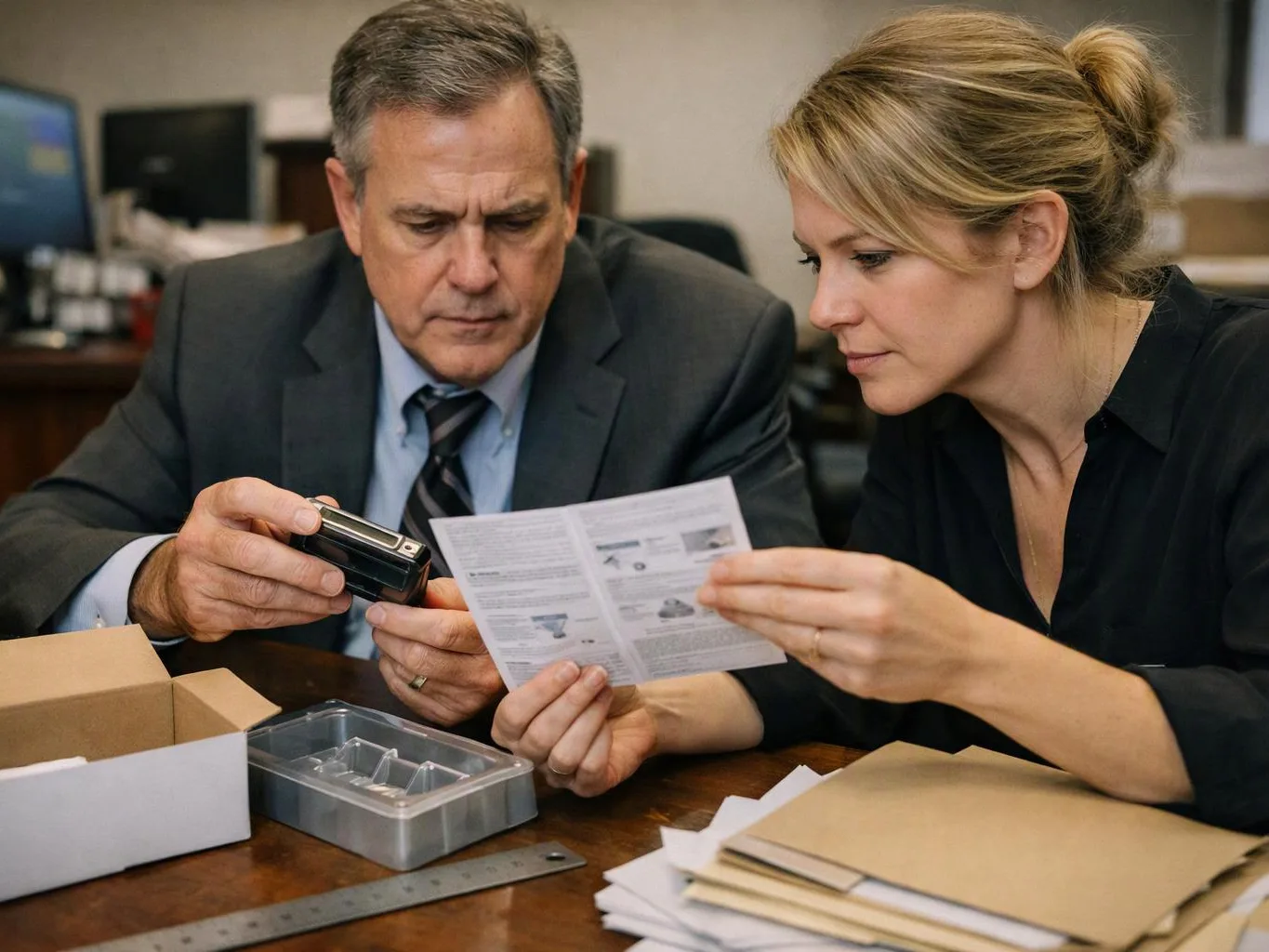 A man and woman study a printed instruction sheet while holding a small black device at a desk
