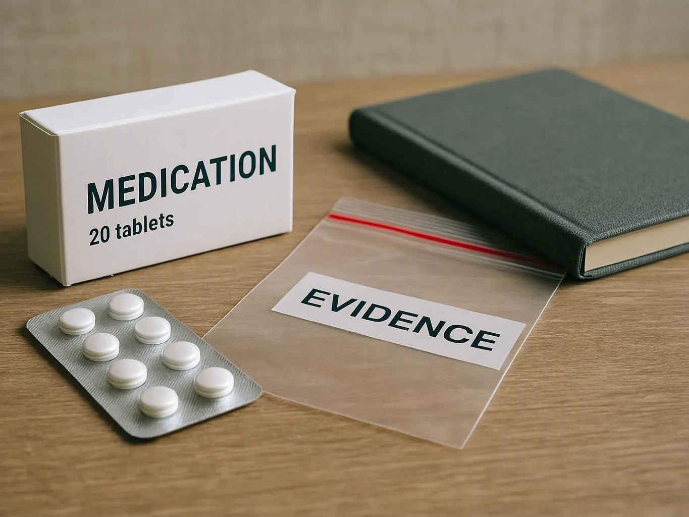 A medication box, pill blister pack, evidence bag, and closed notebook sit on a wooden table