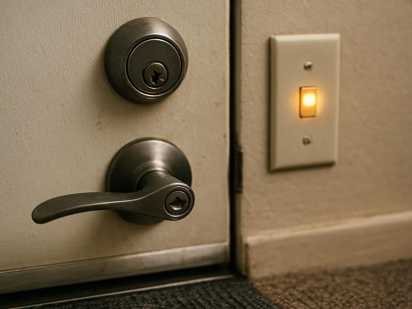 A metal door with a handle and deadbolt sits beside a lit wall switch on beige walls