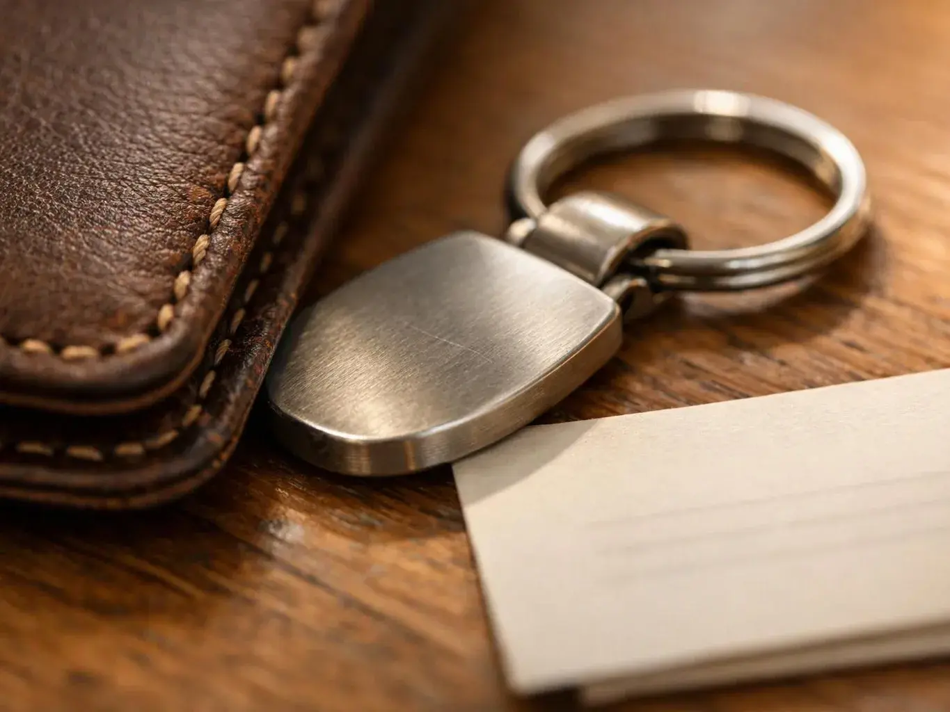 A metal keychain rests beside a brown leather wallet on a wooden table, with a blank card partly visible