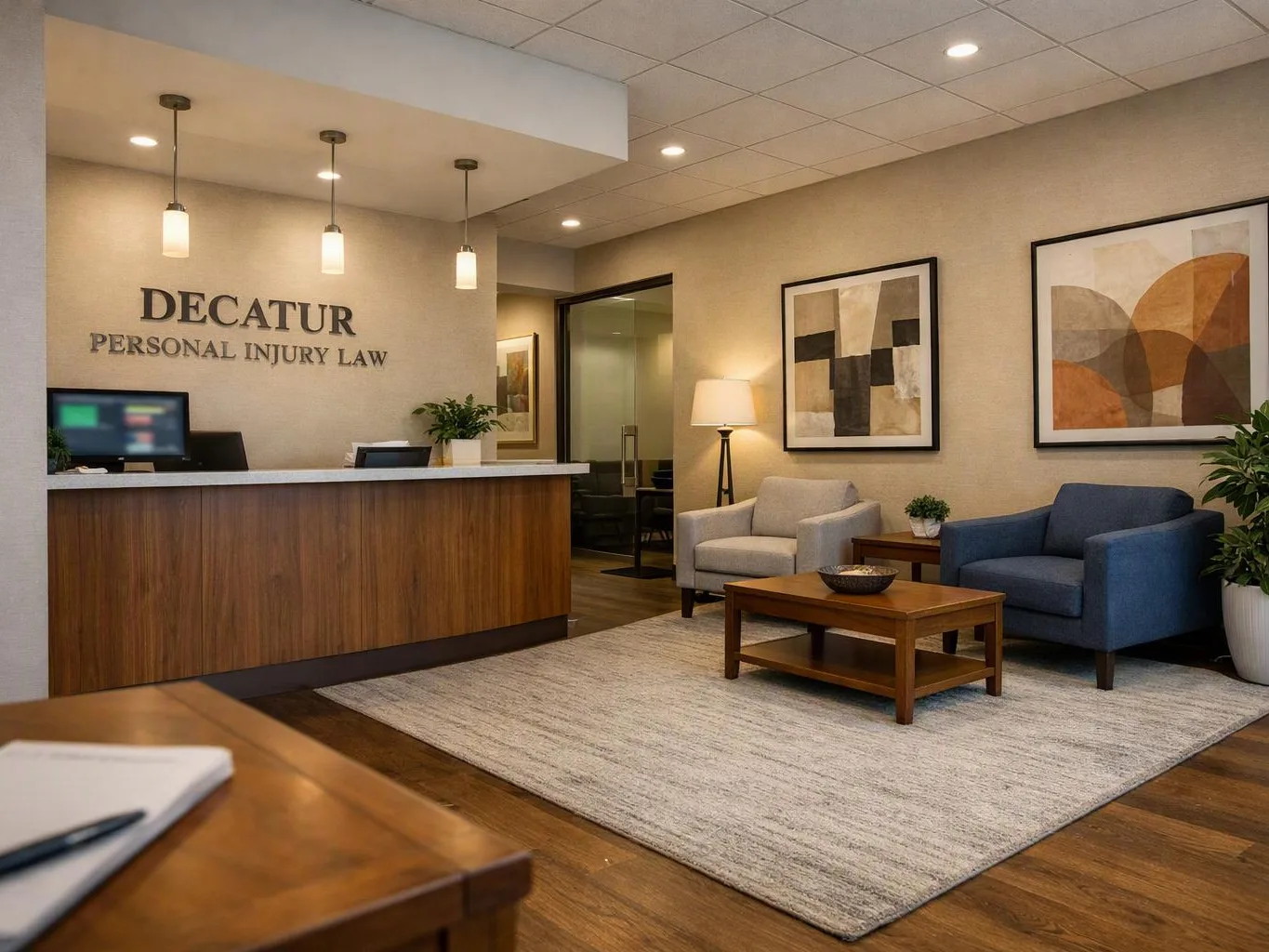 A modern lobby shows a front desk, seating area, and wall art under warm pendant lights