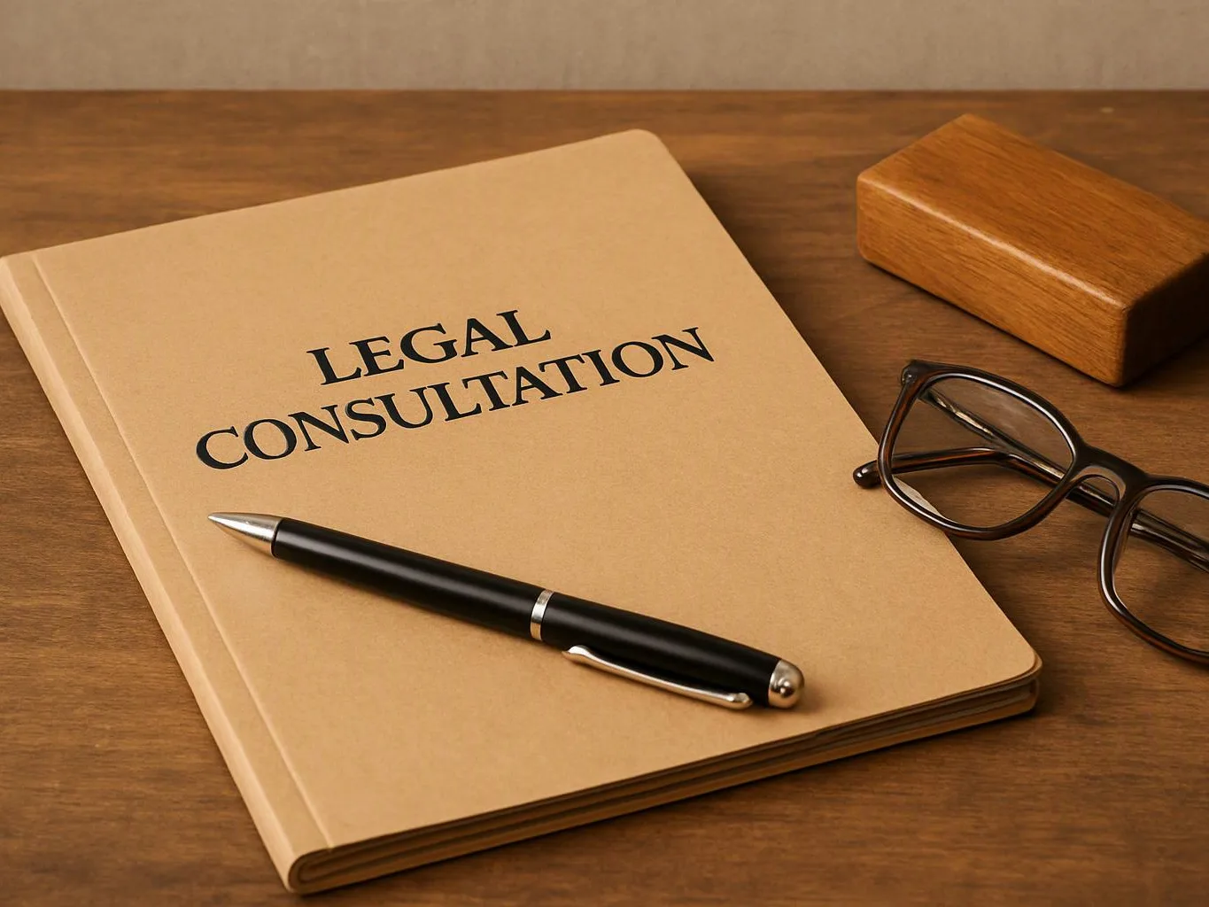 A notebook labeled “LEGAL CONSULTATION” sits with a pen, glasses, and a wooden block on a desk